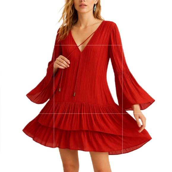 Free People Red Pleated Tiered Bell Sleeve Mini Dress M V-Neck Boho Romantic - Picture 4 of 9